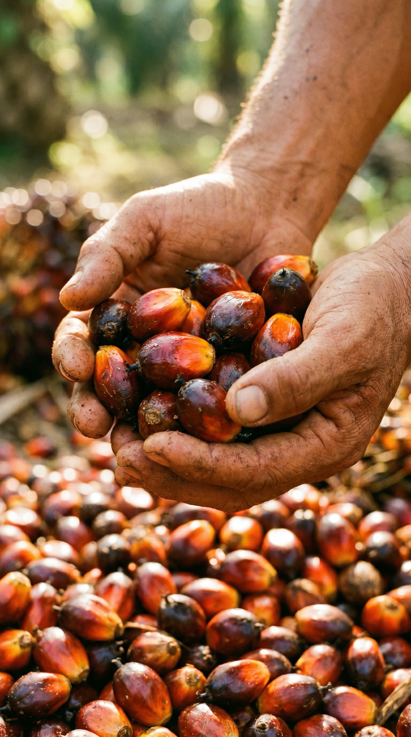 Hands holding freshly harvested Colombian oil palm fruit