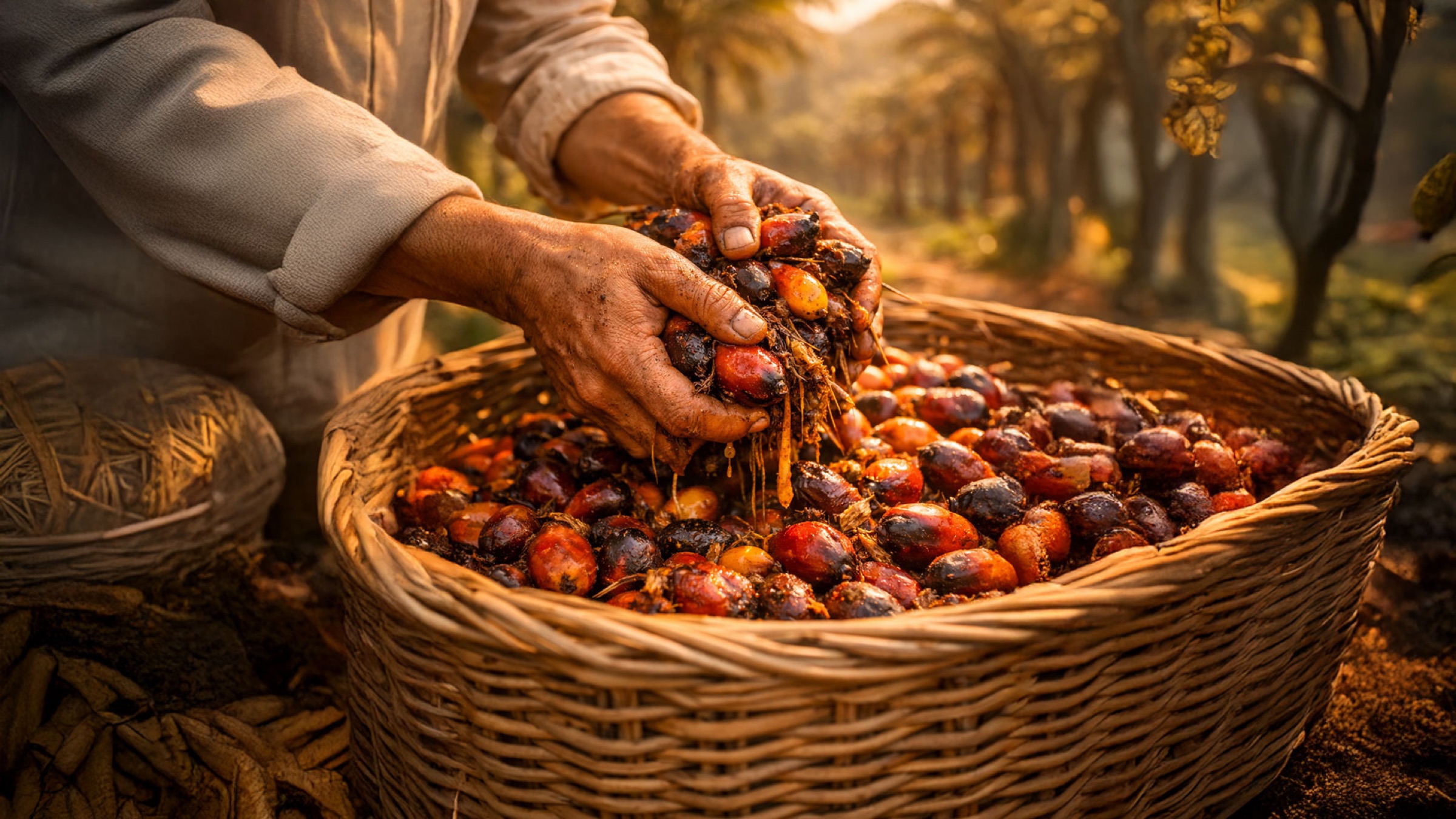 Freshly harvested oil palm fruit bunches