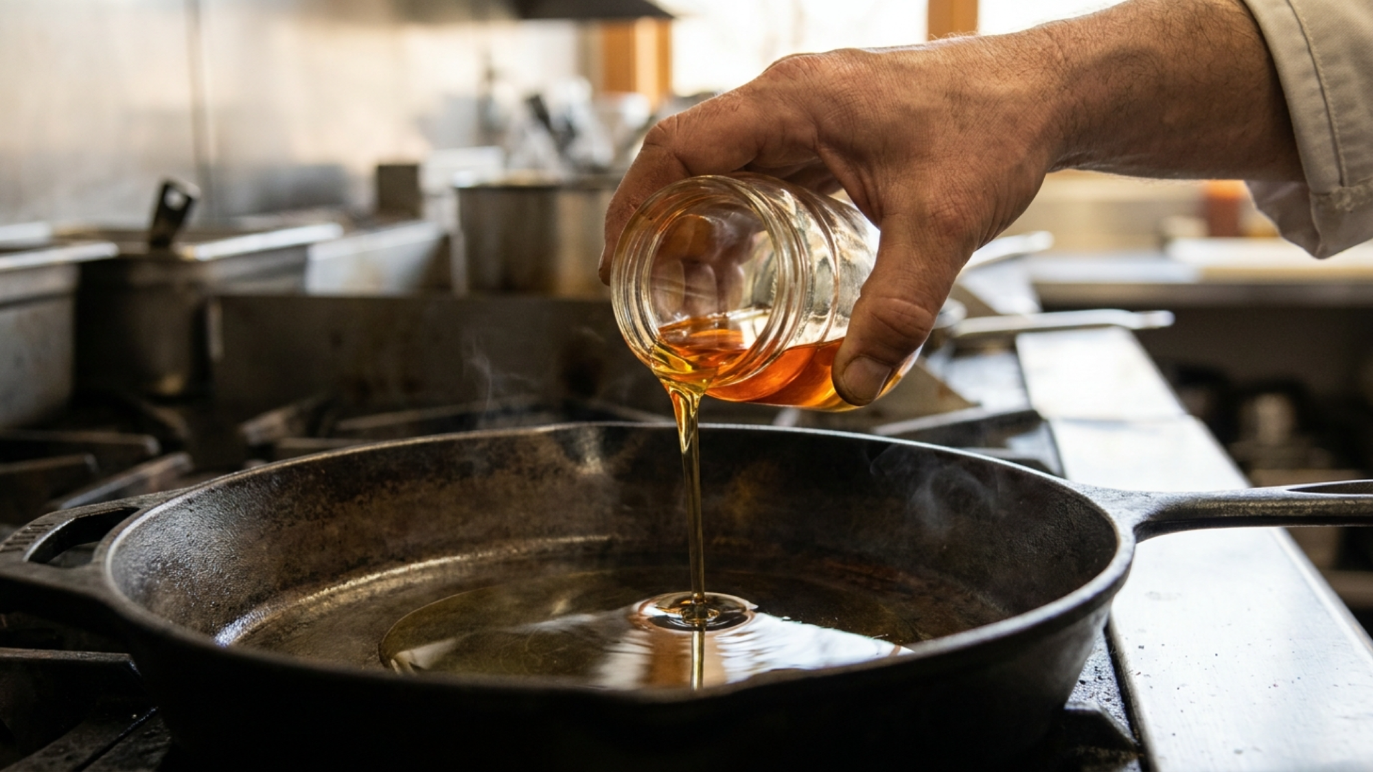 High Oleic Palm Olein in a stainless prep pan